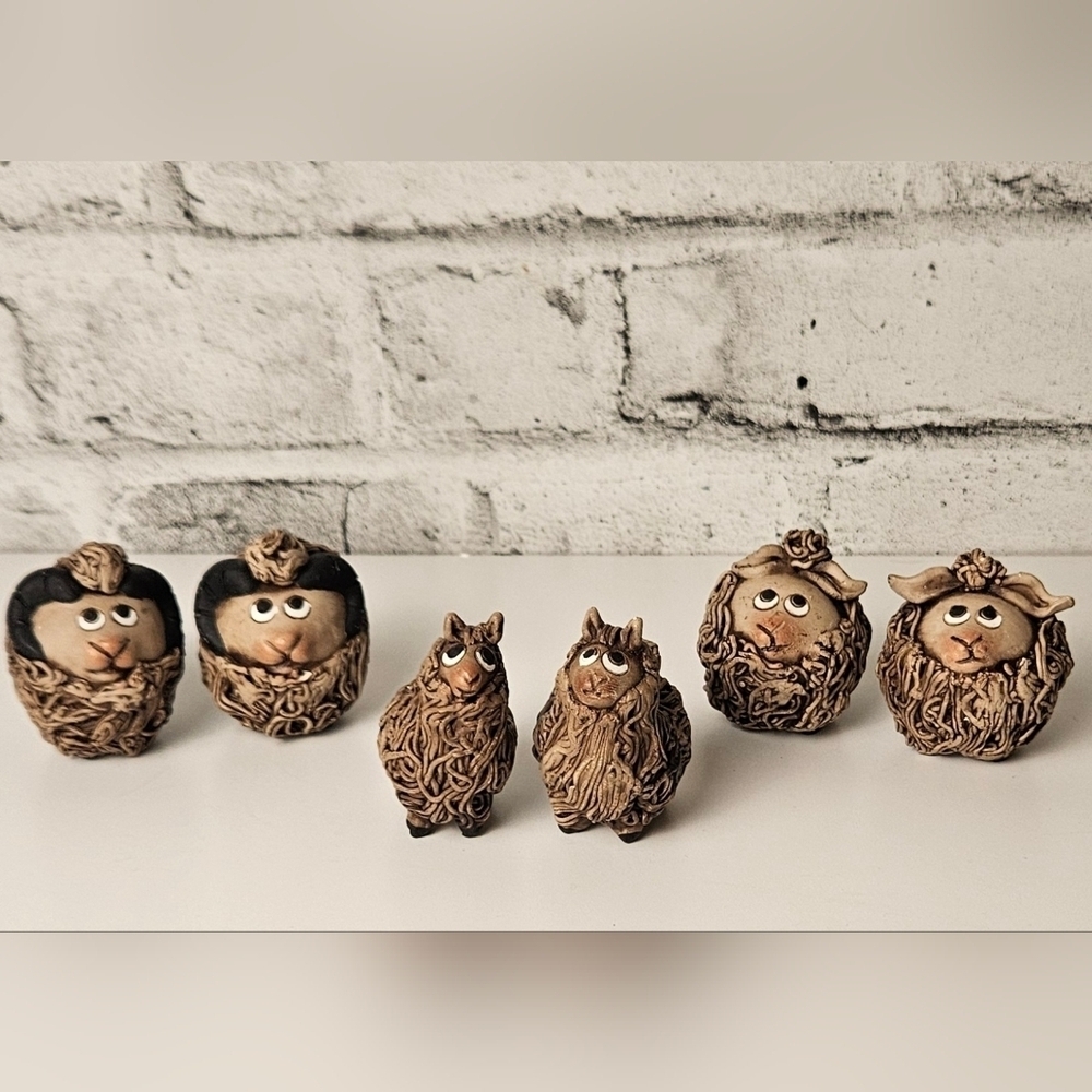 Vintage Handmade Clay Sheep Figurines – Rustic Folk Art Animal Set of 6